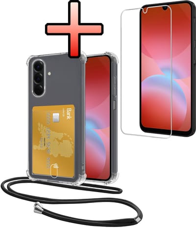 Hoes Geschikt voor Samsung Galaxy A26 Hoesje Pasjeshouder Cover Met Koord Shock Proof Case Siliconen Hoes Met Telefoonkoord en Kaarthouder Met Screenprotector - Transparant