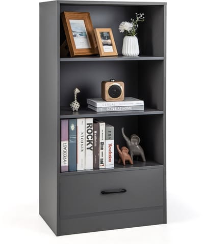 COSTWAY 120 cm boekenkast met laden en open vakken, 4 niveaus opbergrek van hout, staand rek (grijs)