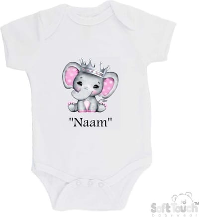 100% katoenen Romper Olifant met Kroontje Met Eigen Naam Katoen Wit Print Zwart Maat 56/62