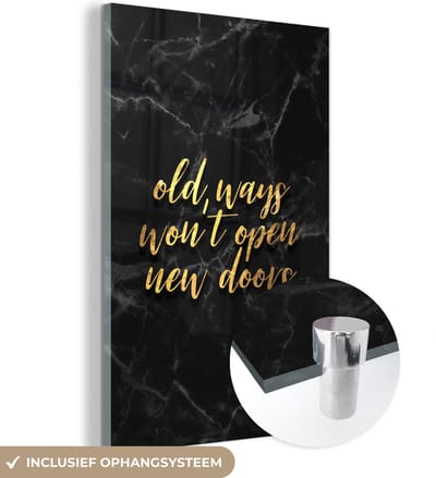 MuchoWow® Glasschilderij 40x60 cm - Schilderij acrylglas - Quote - Deur - Goud - Zwart - Foto op glas - Schilderijen