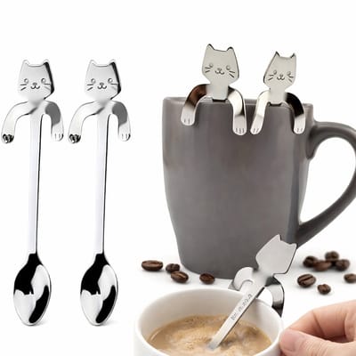 4x Theelepeltje I Thee Lepels I Koffielepel I Kleine Lepel I Lepel Dier I RVS I Zilver I Hangende Kat