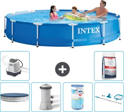 Intex Rond Frame Zwembad - 366 x 76 cm - Blauw - Inclusief Afdekzeil - Zwembadfilterpomp - Filter - Schoonmaakset - Zoutwatersysteem - Zwembadzout - 7-delig