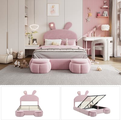 Fluwelen Bed Met Konijnenoren En Ledverlichting - Hydraulisch Opbergbed - Roze 140x200 Cm