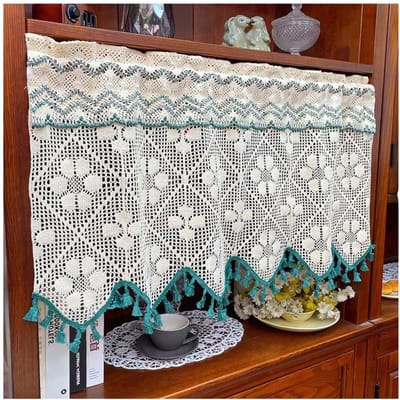 Vitrage Gordijn - Kort Gordijn - Raam Decoratie - Handgemaakte Haken - 90 x 50 cm - Groen