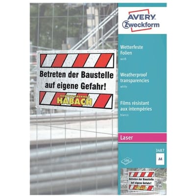 Avery-Zweckform 3487 Weerbestendige folie DIN A4 Laser (zwart/wit), Laser (kleur), Kopiëren (zwart/wit), Kopiëren (kleur) Wit 100 stuk(s)