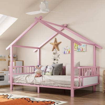 FloraGrace Kinderbed 90x200 cm - Huisvormig Met Veiligheidshekje - Open Dakframe - Zonder Matras - Eenpersoons Metaal - Roze