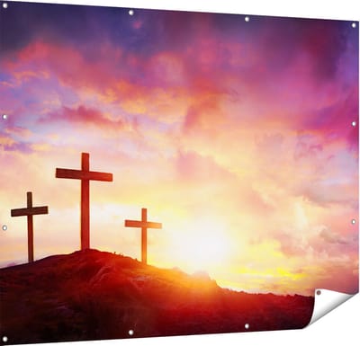 Gards Tuinposter Kruisiging van Jezus Christus - Drie Kruisen - 150x120 cm - Tuindoek - Tuindecoratie - Wanddecoratie buiten - Tuinschilderij