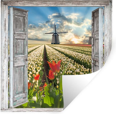 Muurstickers - Sticker Folie - Bloemen - Molen - Lente - Doorkijk - 100x100 cm - Plakfolie - Muurstickers Kinderkamer - Zelfklevend Behang XXL - Zelfklevend behangpapier - Stickerfolie