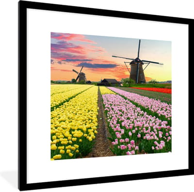 Fotolijst incl. Poster - Tulpen - Windmolen - Natuur - 40x40 cm - Posterlijst