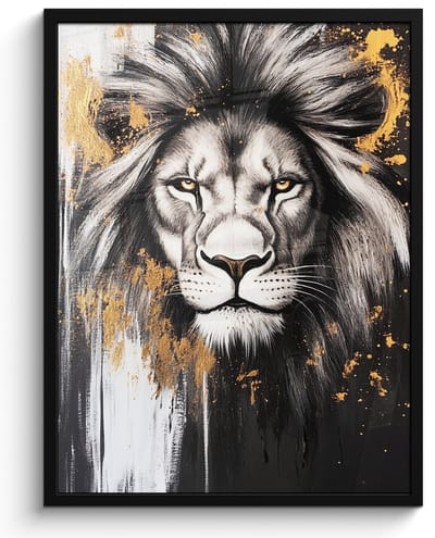 Poster in lijst - Fotolijst 50x70 cm - Posters - Leeuw - Portret - Verfspatten - Grijs - Posterlijst zwart - Decoratie - Wanddecoratie woonkamer - Muurdecoratie slaapkamer