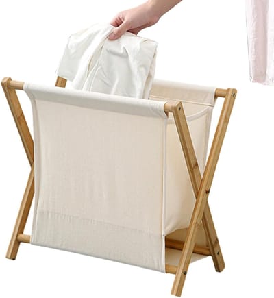 Wasmand Opvouwbaar - X-frame mand - Was Sorteren - Hout Katoen Linnen - 40 x 30 x 38 cm - Beige