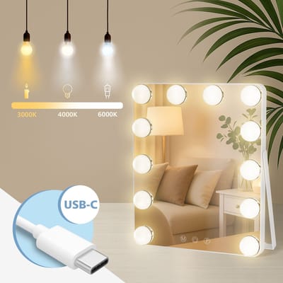 CLP Balian make up spiegel - met verlichting - USB-C aansluiting - staand - LED 3 lichtkleuren - compacte Hollywoodspiegel - wit