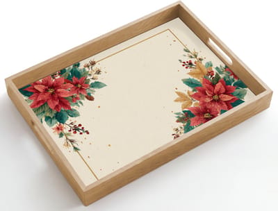 Dienblad hout 50x35 cm - Schootdienblad - Kerst - Poinsettia - Omlijsting - Kleurrijk - Borrelplank rechthoek - Plateau dienbladen