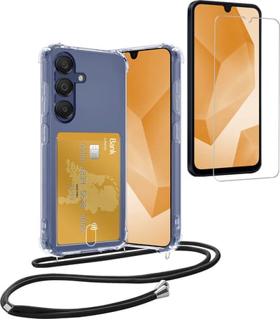 Hoesje Geschikt voor Samsung A16 Hoesje Met Telefoonketting Pasjeshouder Shockproof Case Met Screenprotector Koord - Hoesje Geschikt voor Samsung Galaxy A16 Hoes Met Kaarthouder - Transparant
