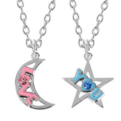 Fako Bijoux® - Vriendschapsketting - BFF Ketting - Ster & Maan - Love You - Roze/Blauw