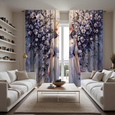 2 stuks set HD bloem cartoon meisje decoratief gordijn Paarse band digitaal bedrukt gordijn Huisdecoratie stijl Decoratie woonkamer W52H63inchW132H160cm black