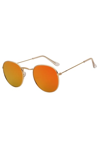 KIMU® Ronde Zonnebril Round Metal - Goud Montuur Rond - Oranje Spiegelglazen - Retro Gouden Vintage Brilletje Festival
