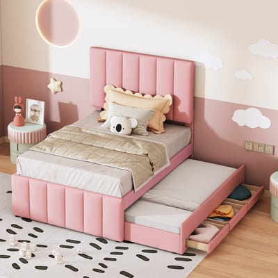 Sweiko Kinderbed, Gestoffeerd bed 90 x 200 cm, Met Opklapbed en opberglades, Huidvriendelijk linnen interieur, plat eenpersoonsbed, wieg, jeugdbed, Roze, (Zonder matras)