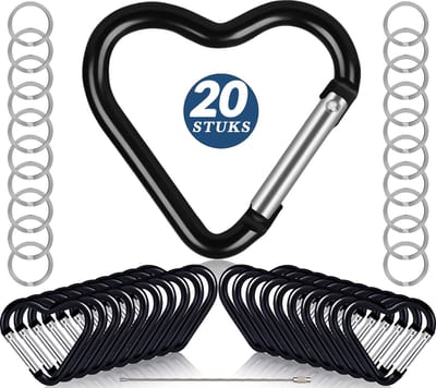 20 Stuks Hart-vorm Karabijnhaken met 20 Sleutelringen - Musketonhaak - Carabijn Sleutelhangers - Musketon Hartjes Carabiner - Grote Karabijn haak - Karabijnsluitingen en ringetjes - Aluminium - Zwart - 45mm Carabijnhaak