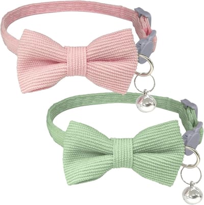 2 Stuks Kattenhalsband met Strik en Bel, Snelsluiting Veiligheids Halsband van Corduroy voor Kittens (Roze, Groen)