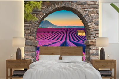Behang - Fotobehang Lavendel - Avond - Doorkijk - Bloemen - Breedte 300 cm x hoogte 300 cm