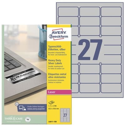 Avery-Zweckform L6011-100 Etiketten voor typeplaatjes 63.5 x 29.6 mm Polyester folie Zilver 2700 stuk(s) Permanent hech