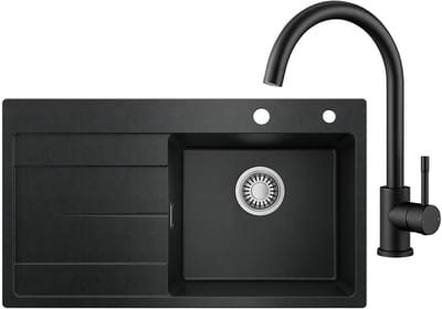 CECIPA MAX Granieten Spoelbak 78x45CM Zwart - Spoelbakken Keuken Met Keukenkraan - Spoelbak Met Planchet en Afdruiprek - Spoelbakken Incl. Sifon en Afvoerzeefje