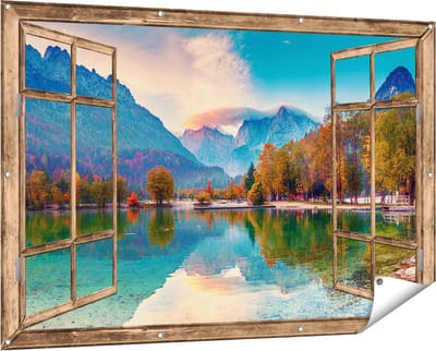 Gards Tuinposter Doorkijk Meer - 150x100 cm - Tuindoek - Tuindecoratie - Wanddecoratie buiten - Tuinschilderij