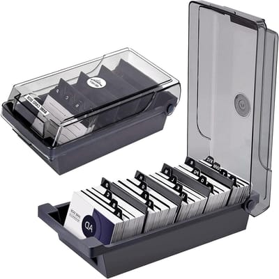 SnelShoppen - Business Card Box - Professionele Visitekaartjes Houder met 4 Indeling Platen en A-Z Index Tabs - Voor Bureau - Houdt 500 Kaarten - Duur