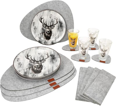 20-delige set ALOIS voor 4 personen - 12-delige vilten placemat 641-120 + 4x dinerborden 162746 + 4x glazen 163069