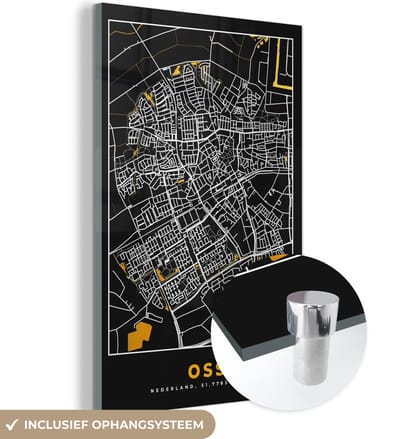 MuchoWow® Glasschilderij 40x60 cm - Schilderij acrylglas - Plattegrond - Oss - Goud - Zwart - Foto op glas - Schilderijen - Stadskaart