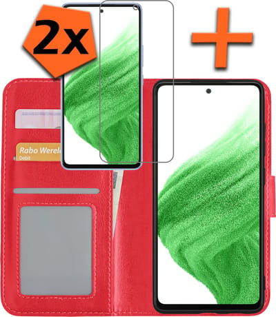 Hoes - Met 2x Screenprotector - Geschikt voor Samsung Galaxy A53 - Luxe Pasjeshouder - Bookcase Portemonee - Flip Case - Kunstleer Book Case - Flipcase Hoes - Book Cover - Walletcase - PortemonneeHoes - Rood