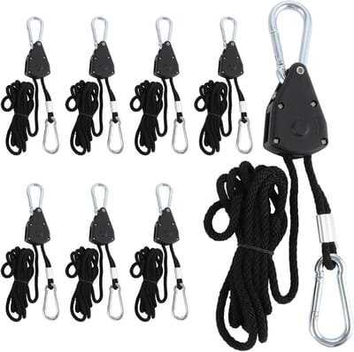 Allecto plus - 4 stuks ratelhangers met verstelbare touwhaken - 2 meter lengte - voorzien van ratel - ideaal voor kabels van 1/8 inch - handige kabelbevestiging met ratelmechanisme