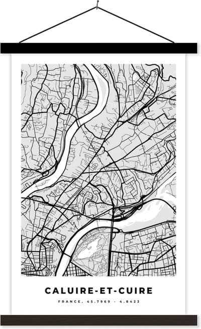 Posterhanger incl. Poster 40x60 cm - Schoolplaat - Caluire-et-Cuire - Plattegrond - Frankrijk - Kaart - Stadskaart - Textielposter - Zwarte latten - Stadskaart