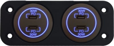 ProRide 12-24V USB C Autolader 2 Poorten Inbouw - 30W+30W - Tweevoudig Paneel - Blauw - 2 Stuks