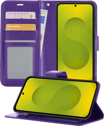 Hoesje - Met Pasjeshouder - Geschikt voor Samsung Galaxy S25 - Luxe Bookcase Portemonee - Flip Case - Kunstleer Book Case - Flipcase - Book Cover - Walletcase - Portemonneehoes - Telefoonhoesjes - Paars