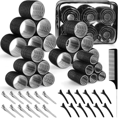 50-delige haarkrulset, bestaande uit 24 verwarmde en hittevrije krulspelden in 4 maten (60 mm, 48 mm, 3,6 mm en 2,5 mm), 24 haarclips en 1 kam, geschikt voor kort, middellang en lang haar.Zwart