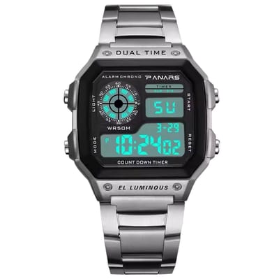 Panars Herenhorloge - Mannen - Zilveren Polsband - Zilver en Zwart - Horlogedoos - Waterdicht - Digitaal