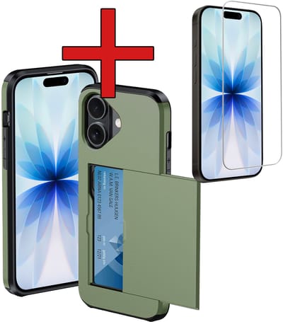 Hoesje Geschikt voor iPhone 17 Hoesje Met Pasjeshouder Hard Case Met Kaarthouder Met Screenprotector - Hoes Geschikt voor iPhone 17 Hoesje Pashouder Case - Donkergroen