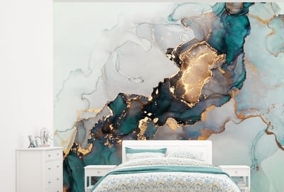 Behang - Fotobehang Blauw - Marmer - Goud - Breedte 325 cm x hoogte 260 cm