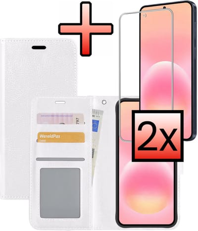 Hoesje - Met 2x Screenprotector - Geschikt voor Samsung Galaxy A57 - Luxe Pasjeshouder - Bookcase Portemonee - Flip Case - Kunstleer Book Case - Flipcase Hoes - Book Cover - Walletcase - Portemonneehoes - Wit