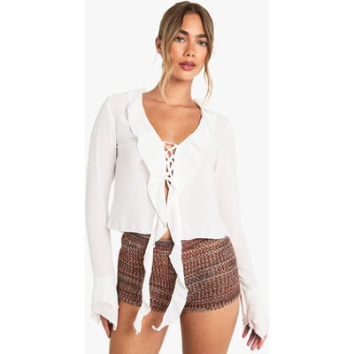boohoo Dames Chiffon blouse met strik voor en ruches | Ecru | Maat: 34