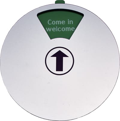 Schuifbordje - Rond acrylaat schuifbord - 6 verschillende teksten Engels - kleur grijs - Diameter 15 cm - Promessa-Design.