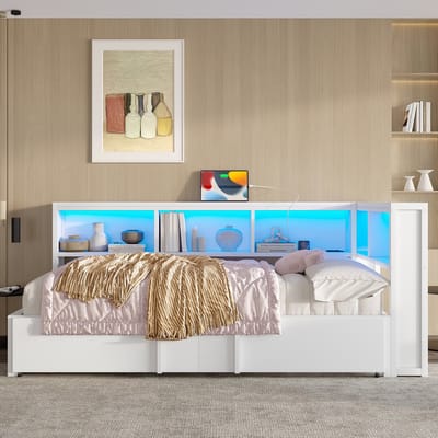 Slaapbank 90 x 200 cm - met uitschuifbaar bed - opbergkast - LED-verlichting en USB-aansluiting - wit