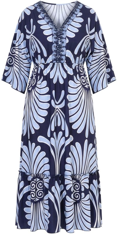 Ulla Popken - Dames - Maxi-jurk cotton touch V-hals Dolman-mouwen - Marine - Maat 42+