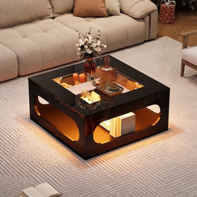 MODENUIT Salontafel - Vierzijdig Open Met LED-Verlichting - Voor Woonkamer - MDF En Gehard Glas Zwart - 70x70x35 Cm