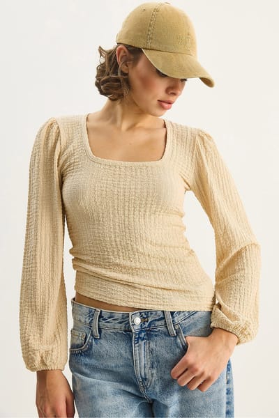 Slim Fit Vierkante Kraag Textuur Blouse