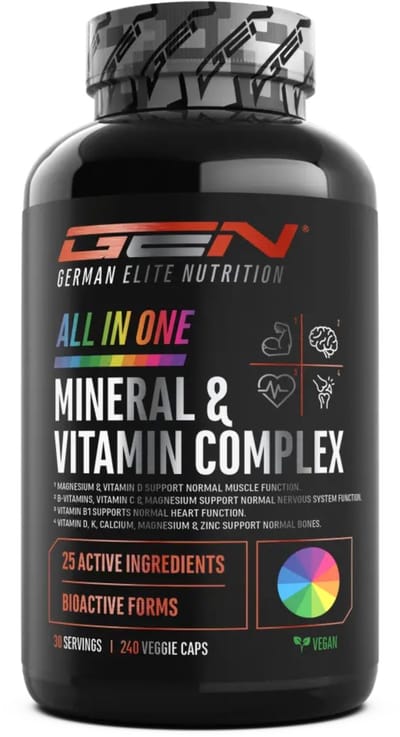 All in One - Multivitamine & Mineralen Complex - Met K2, D3, Folaat & Luteïne - Hooggedoseerd - Vegan - 240 Capsules - German Elite Nutrition