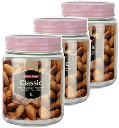 Plasticforte keuken voedsel voorraadpot - Set van 4x stuks - weckpot - roze - 1 liter - kunststof - met deksel - Formaat: 11 x 14 cm