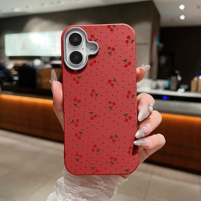 Coque de téléphone antichoc mignonne imprimée cerise rouge pour iPhone 16 15 14 Pro Max 14 Plus 13 12 Pro 11 Housse souple en TPU avec texture cuir For iPhone 12